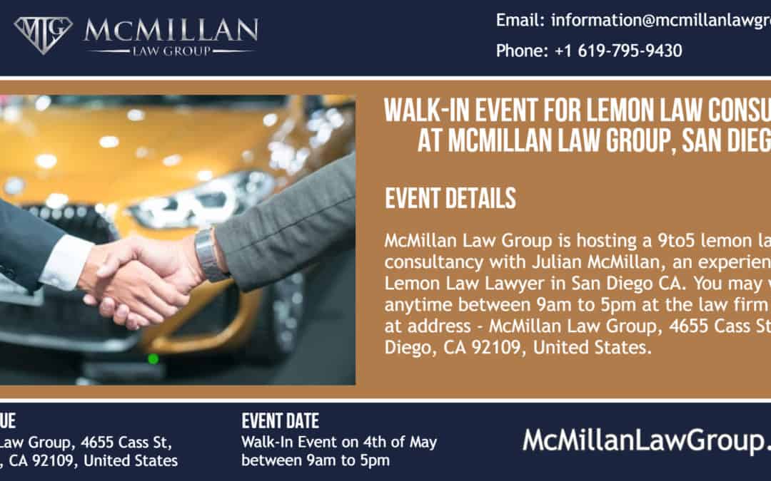 Lemon Law Lawyer in San Diego to Host a Full-Day Walk-in Consultancy at McMillan Law Group