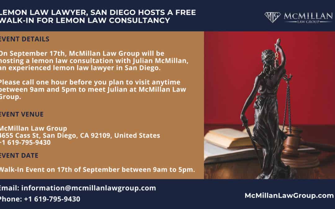Lemon Law Lawyer, San Diego Hosts a Free Walk-In For Lemon Law Consultancy