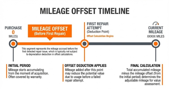 Graphical timeline showing car purchase, milestone of first repair attempt, and current mileage to explain the mileage offset usage deduction.