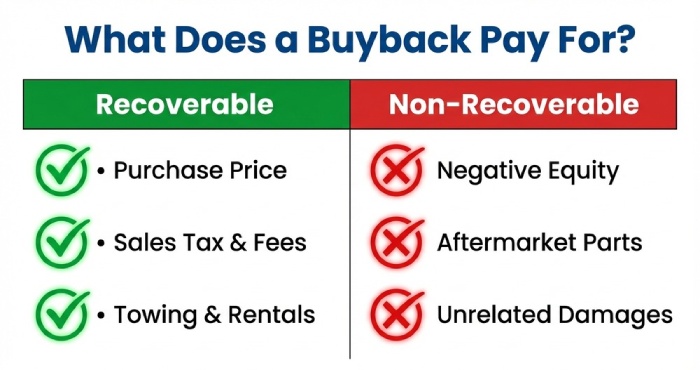 Timeline graphic showing car purchase, milestone of first repair attempt, and current mileage to explain the mileage offset usage deduction.