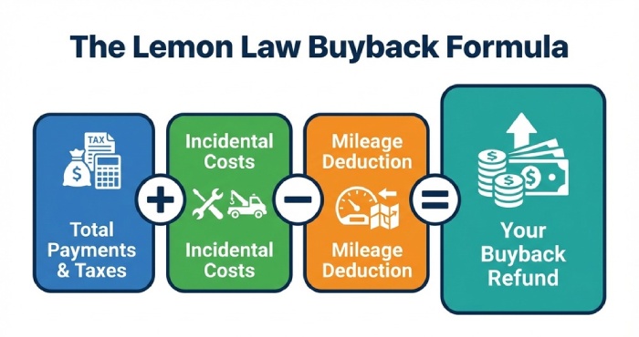 An equation infographic showing total payments plus incidental costs minus usage deduction equals estimated buyback refund.