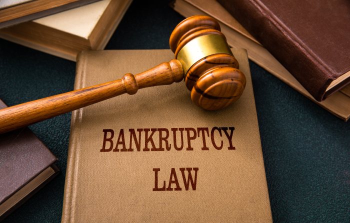 A bankruptcy lawyer writes the law on top of a wooden gavel.