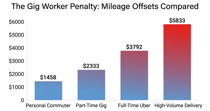 Mileage Offset Penalty Bar Chart A bar chart comparing the financial deduction (mileage offset) on a $35,000 car across four driver types, visually emphasizing the steep cost increase for gig workers.