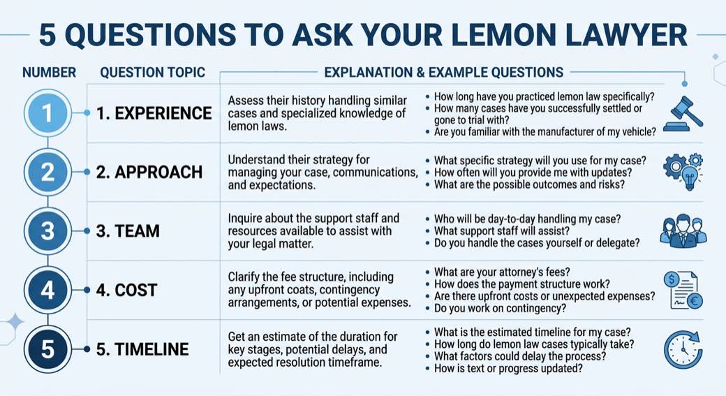5 questions to ask your lemon law lawyer: experience, approach, team, cost, and timeline