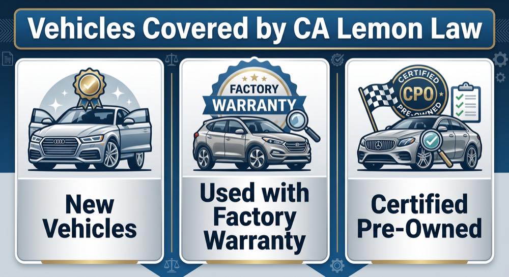 Vehicles covered by California lemon law: new, used with factory warranty, and certified pre-owned