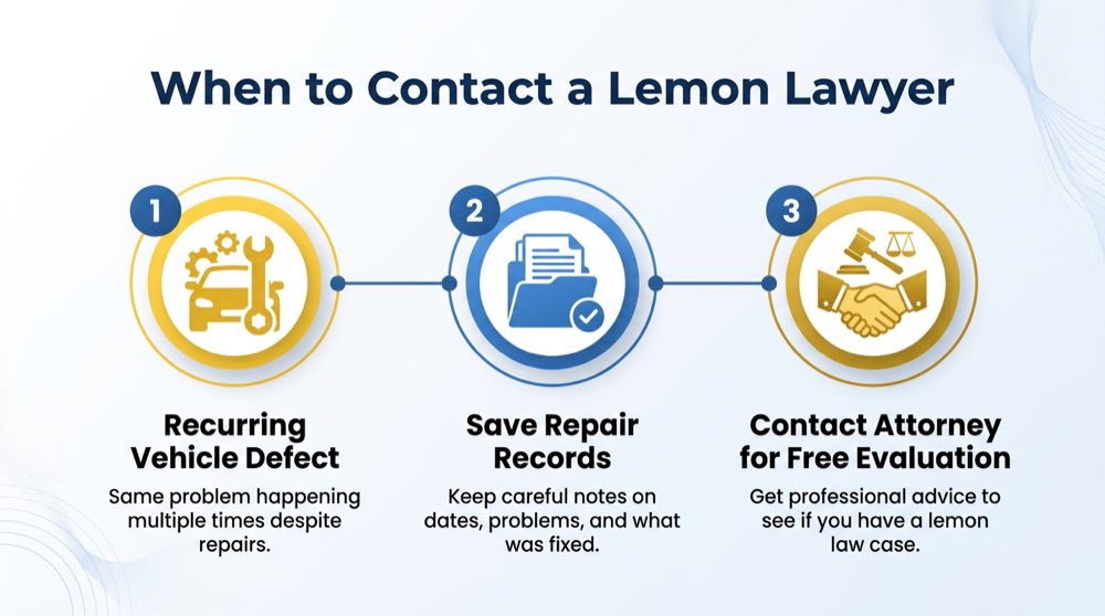 When to contact a lemon law attorney: recurring vehicle defect, save repair records, get a free evaluation